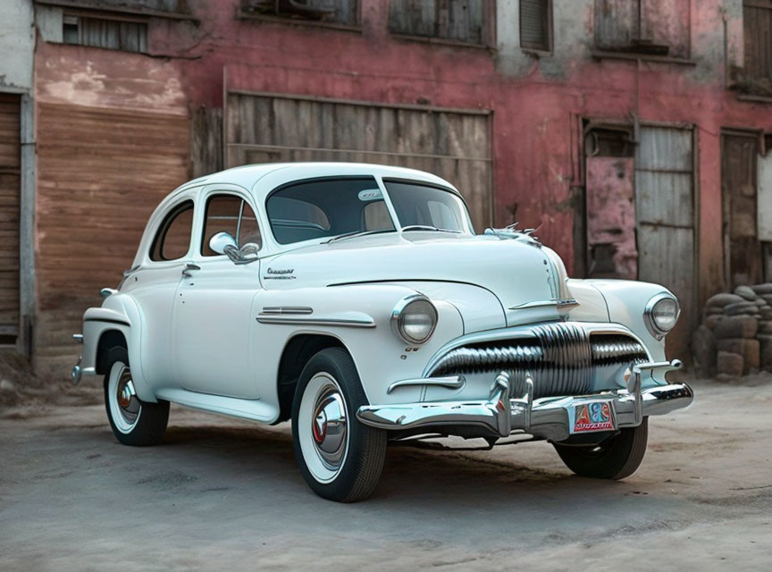 Vintage White Car Parked in Front of Old Building with Rustic Facade