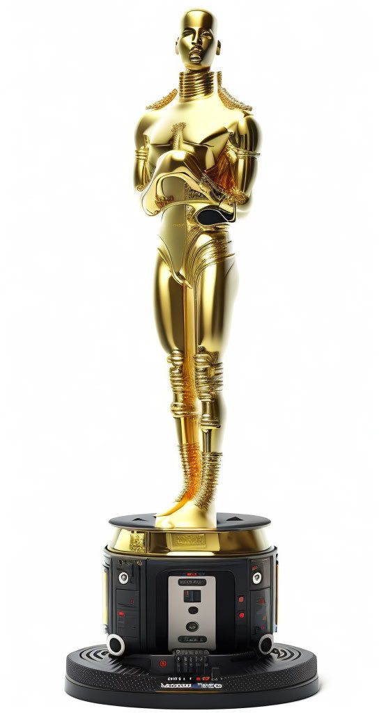 Gold-colored Oscar statuette merged with Star Wars C-3PO figure on black base.