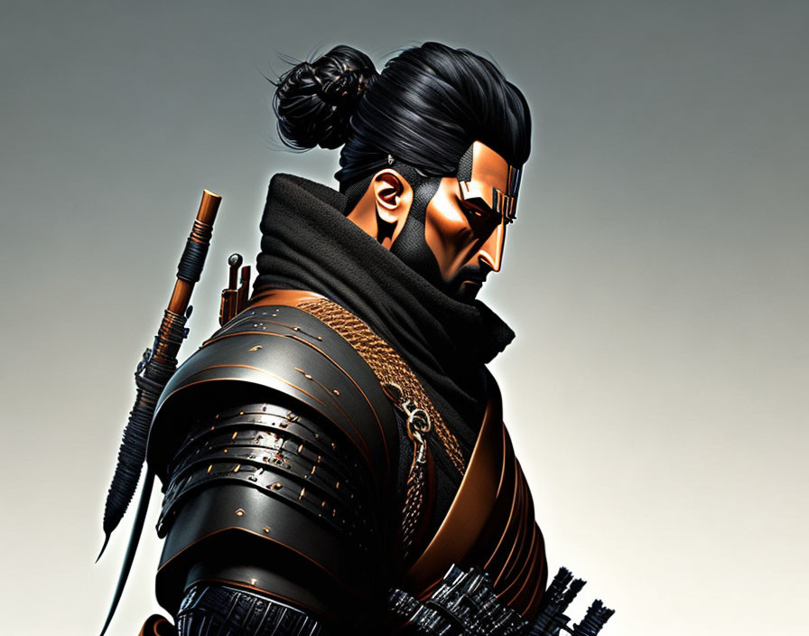 Traditional Samurai Warrior Illustration with Topknot, Armor, Katana, and Arrows