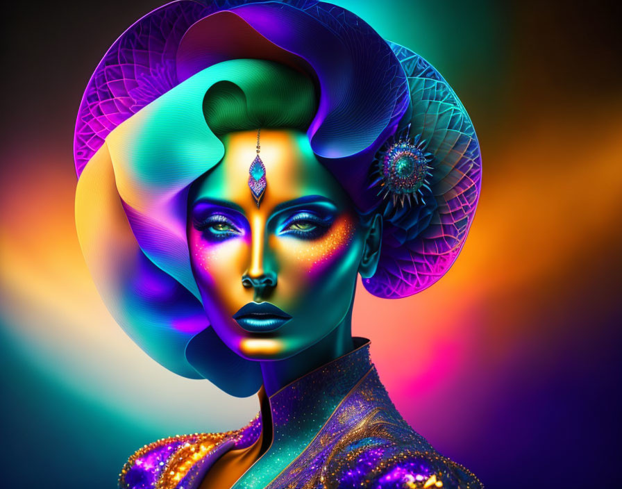 Colorful digital artwork: Stylized woman with geometric headdress and neon makeup on dark backdrop