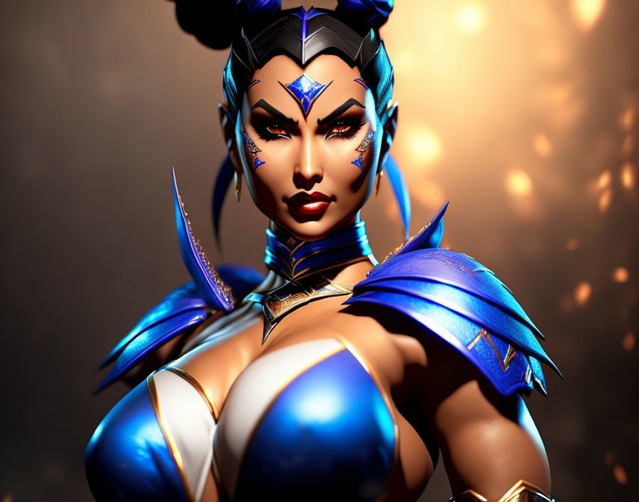 Female warrior digital artwork: elaborate blue armor, striking makeup, fierce expression, warm glowing background