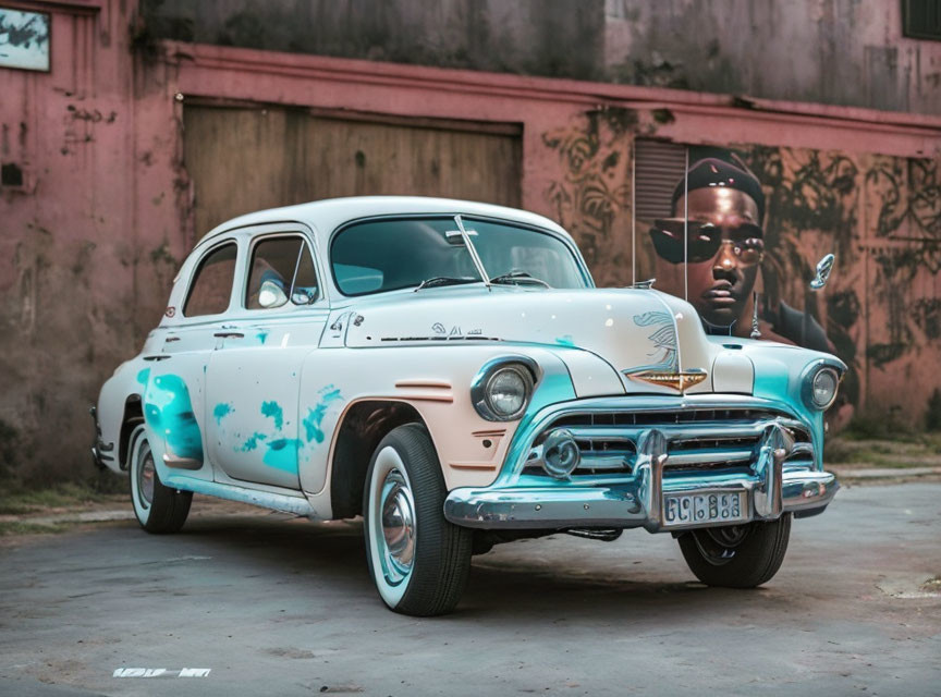 Vintage Turquoise and White Car with Rust Spots by Graffiti Wall