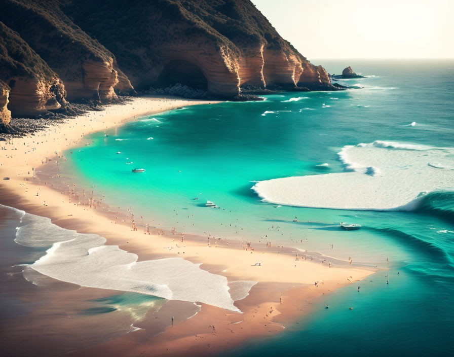 Vibrant Beach with Turquoise Waters, People, Waves, and Cliffs