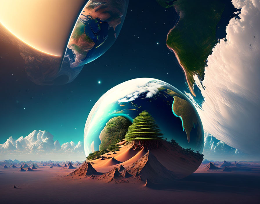Multiple Earth-like planets with surreal landscapes under a cosmic sky