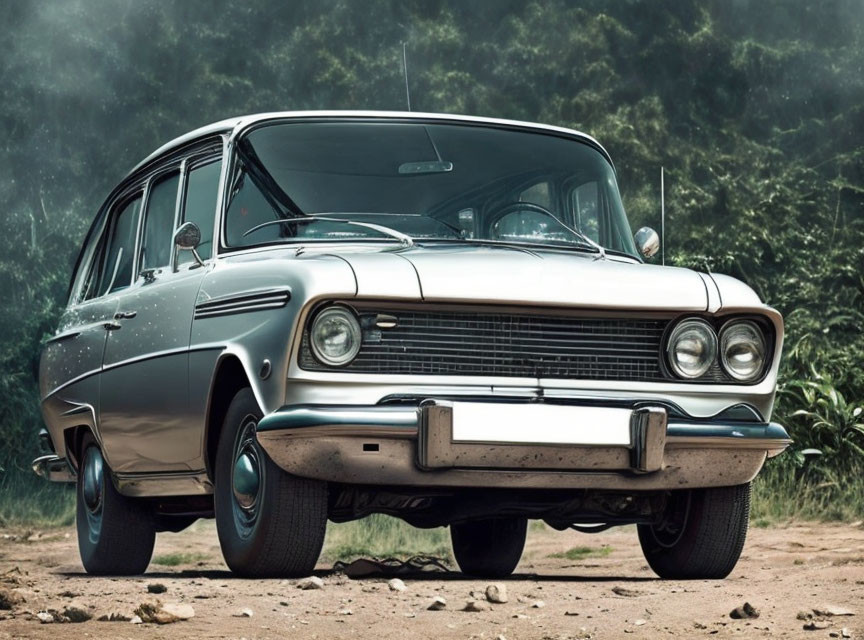 Classic Station Wagon on Dirt Road with Greenery and Unique Grille