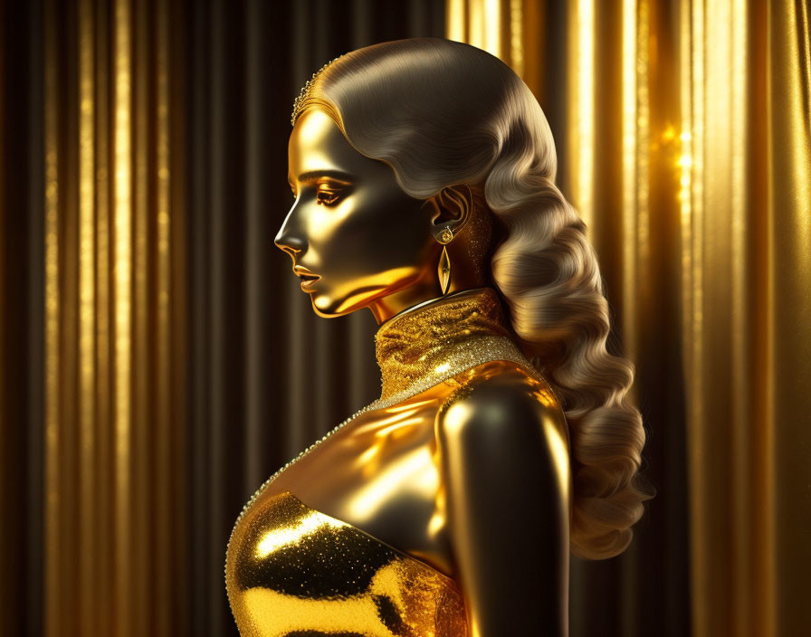 Metallic Gold Woman with Elegant Hairstyle Against Draped Golden Curtains