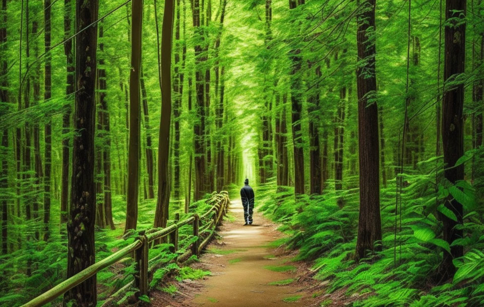 Tranquil forest pathway with lone figure and tall green trees