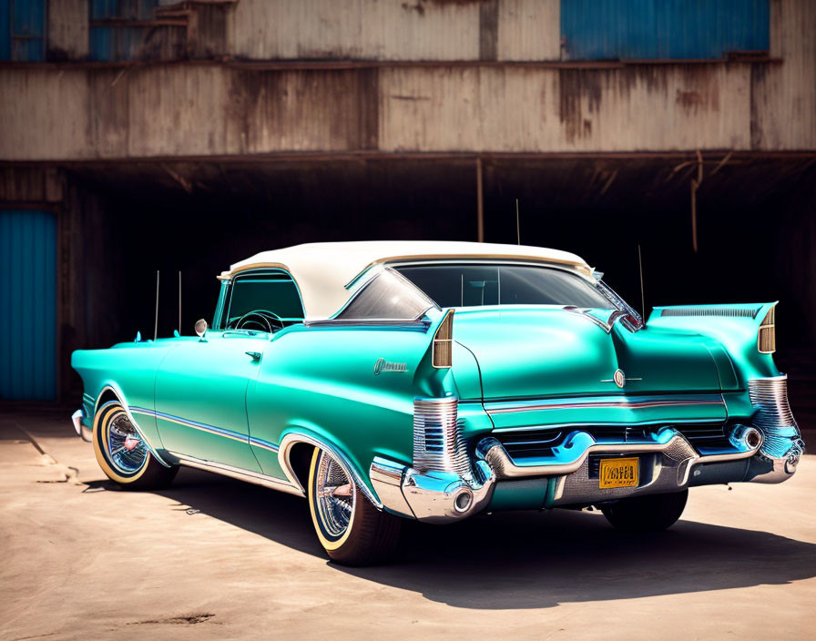 Classic Turquoise Cadillac with Iconic Tail Fins parked by Warehouse