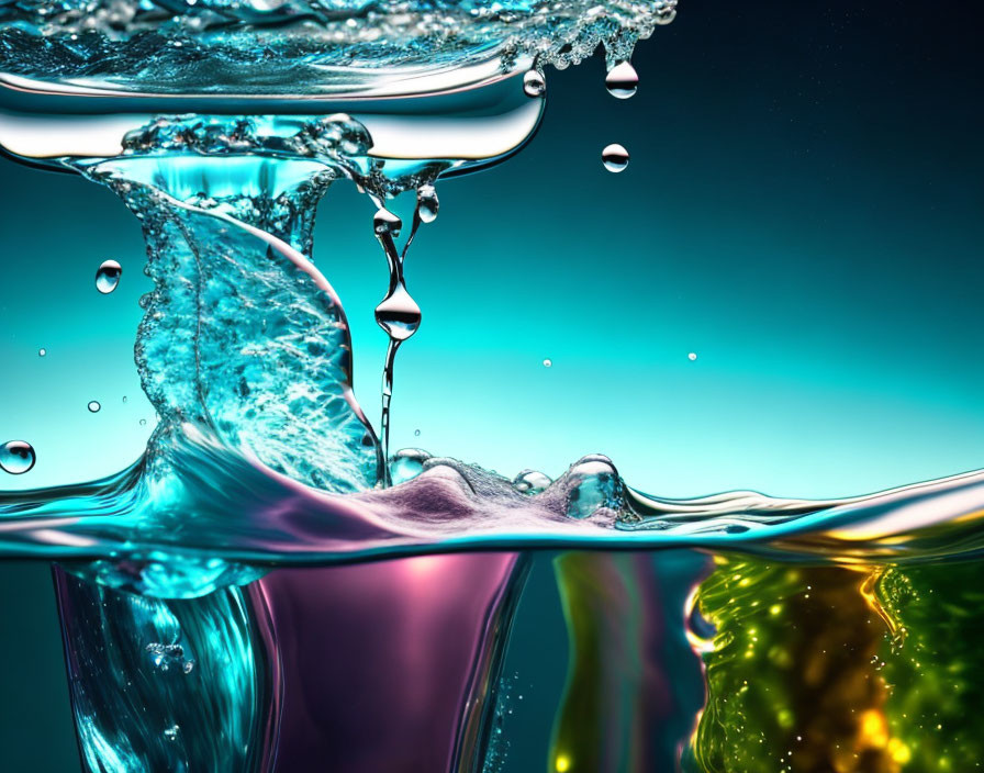 Colorful liquid splashes and droplets on water surface with gradient backdrop