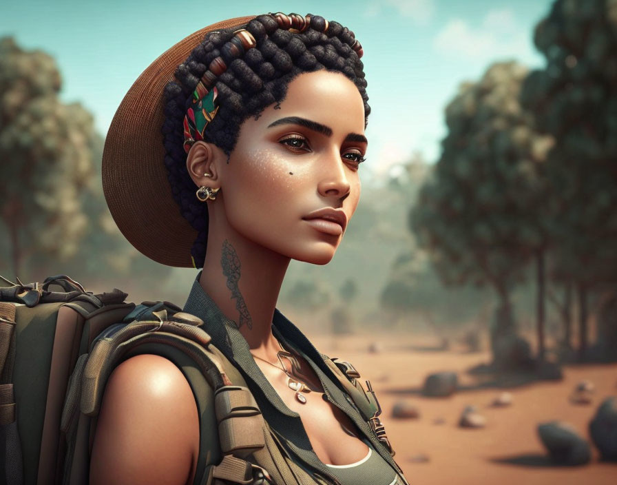 Digital portrait of woman with braids, hat, tank top, and backpack in arid landscape