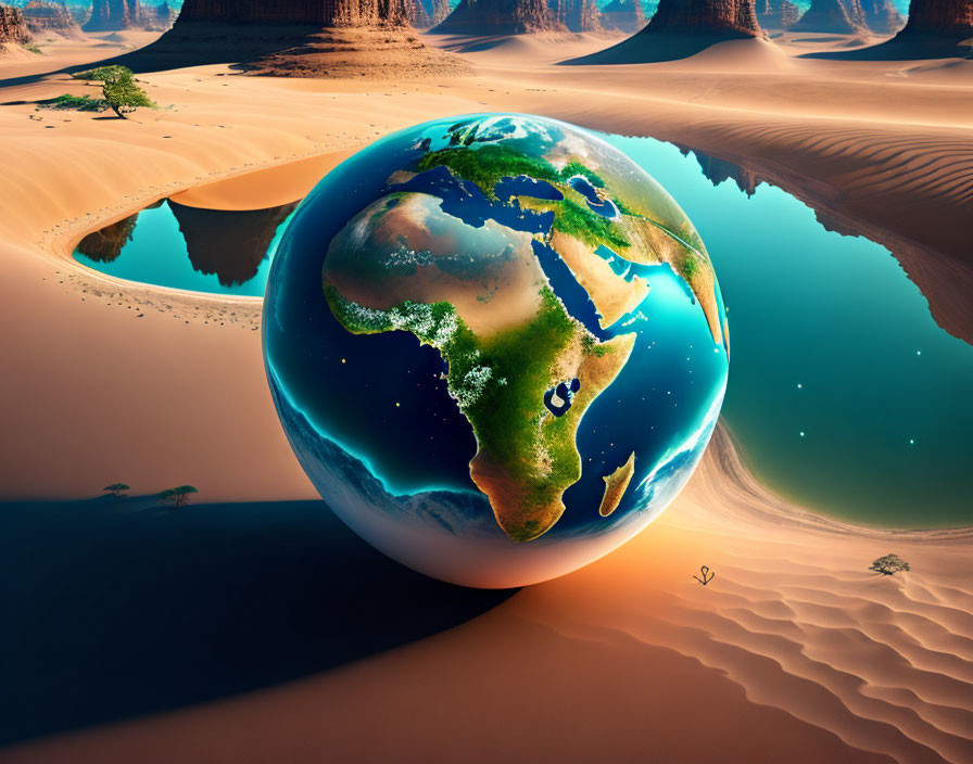 Detailed surreal Earth floating over desert landscape with sand dunes and reflective water.