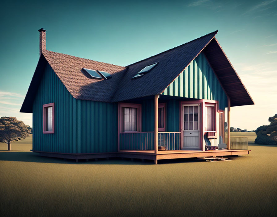 Blue cottage with steep roof and dormer windows in tranquil field