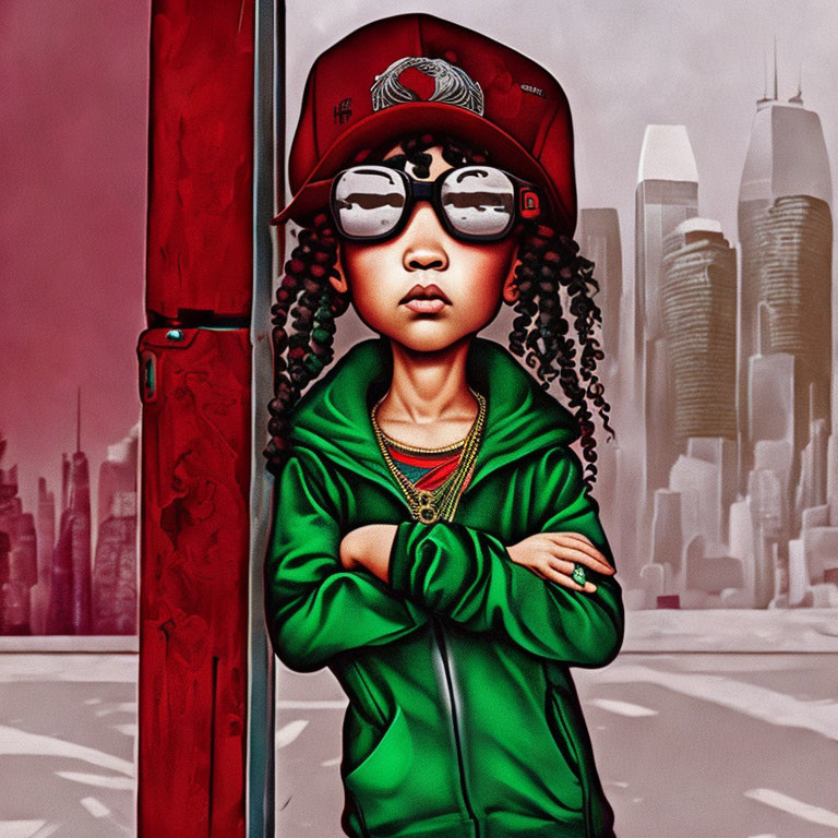 Stylized artwork of a person in green jacket and red cap with braids against city backdrop