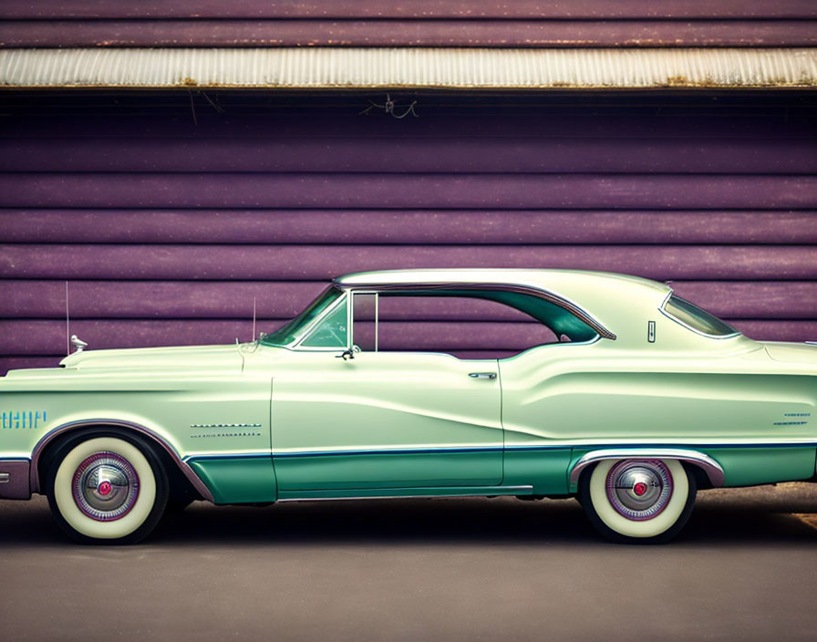 Vintage Mint Green Car with White Wall Tires and Purple Roller Shutter