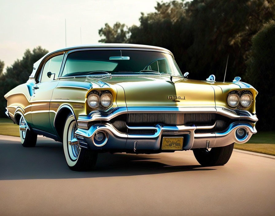 Classic two-tone car with tailfins and chrome details driving on a road with green backdrop