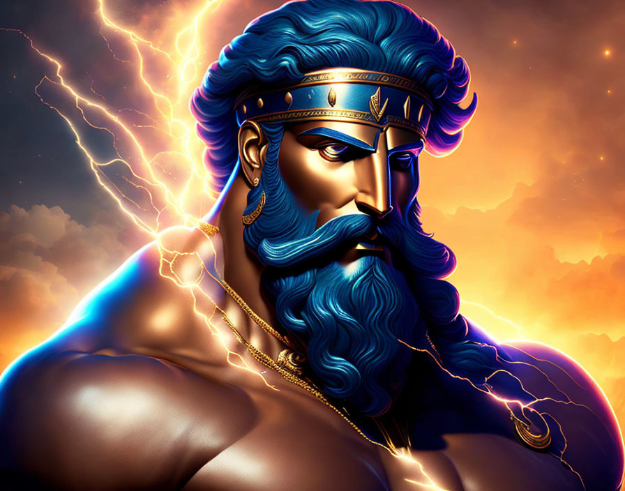 Muscular man with blue hair and golden crown under dramatic sky.