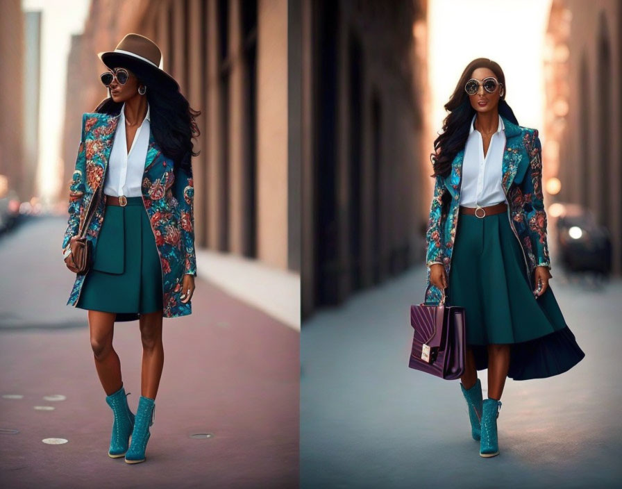 Fashionable woman in floral blazer, teal skirt, white blouse, and blue boots strolling city