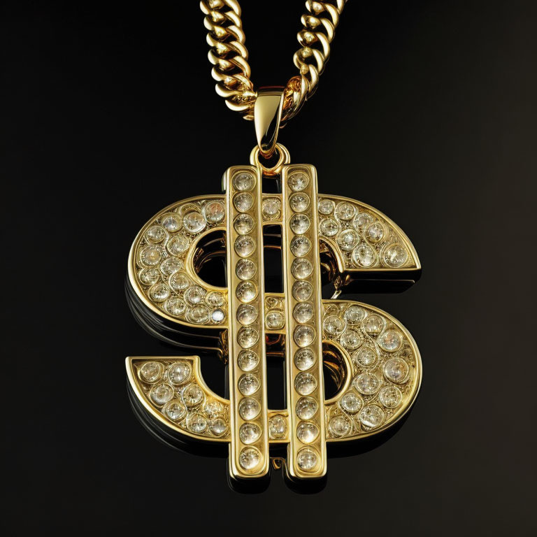 Golden Dollar Sign Pendant with Clear Stones on Thick Gold Chain