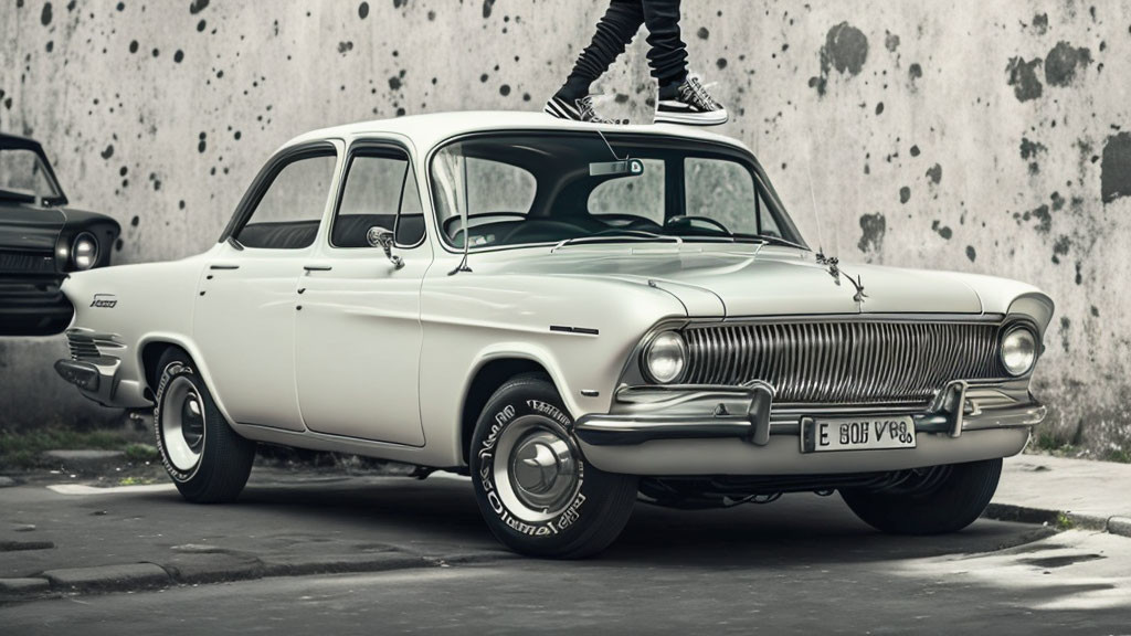 Classic White Sedan Parked in Front of Graffiti Wall with Skateboard on Roof