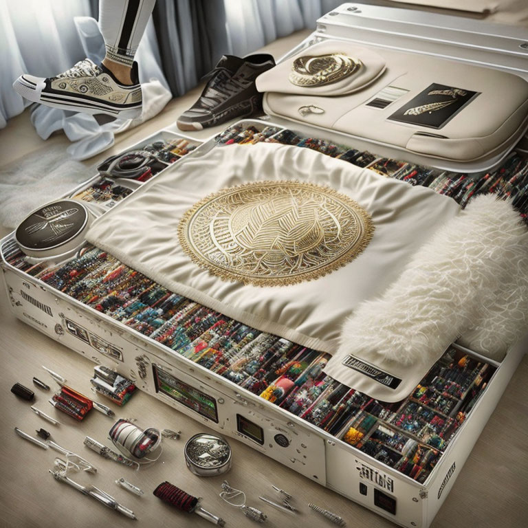 Luxurious Gold Coin Design Suitcase Bed with Opulent Items