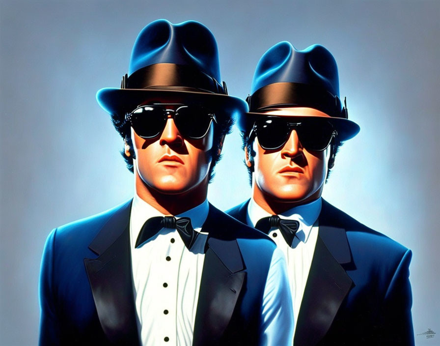 Men in black suits, hats, and sunglasses on light blue background