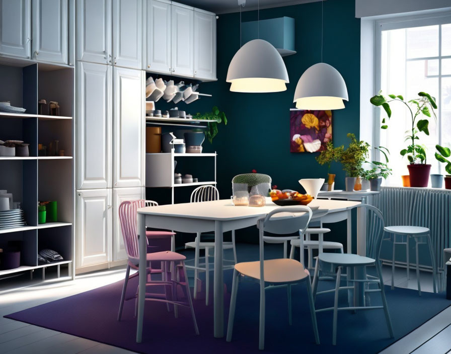 Modern Kitchen with Blue Walls, White Cabinets, Pastel Chairs