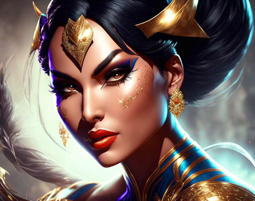 Digital Art: Woman with Striking Makeup and Gold Accessories