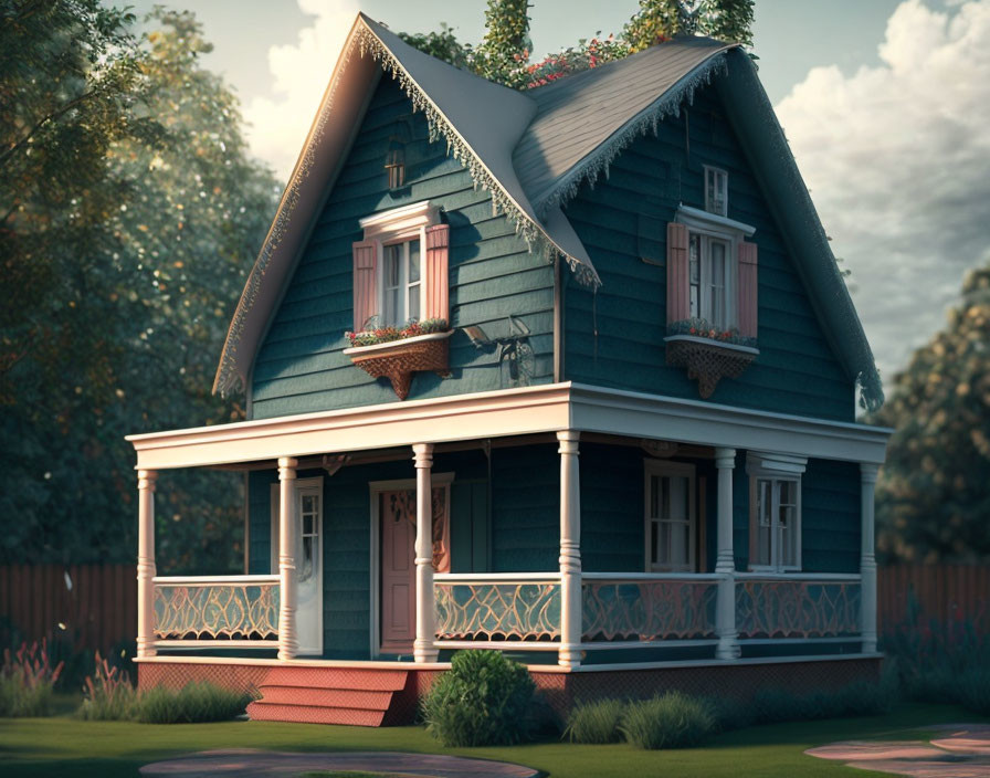 Blue Wooden House with Cozy Porch & Garden Fence at Dusk