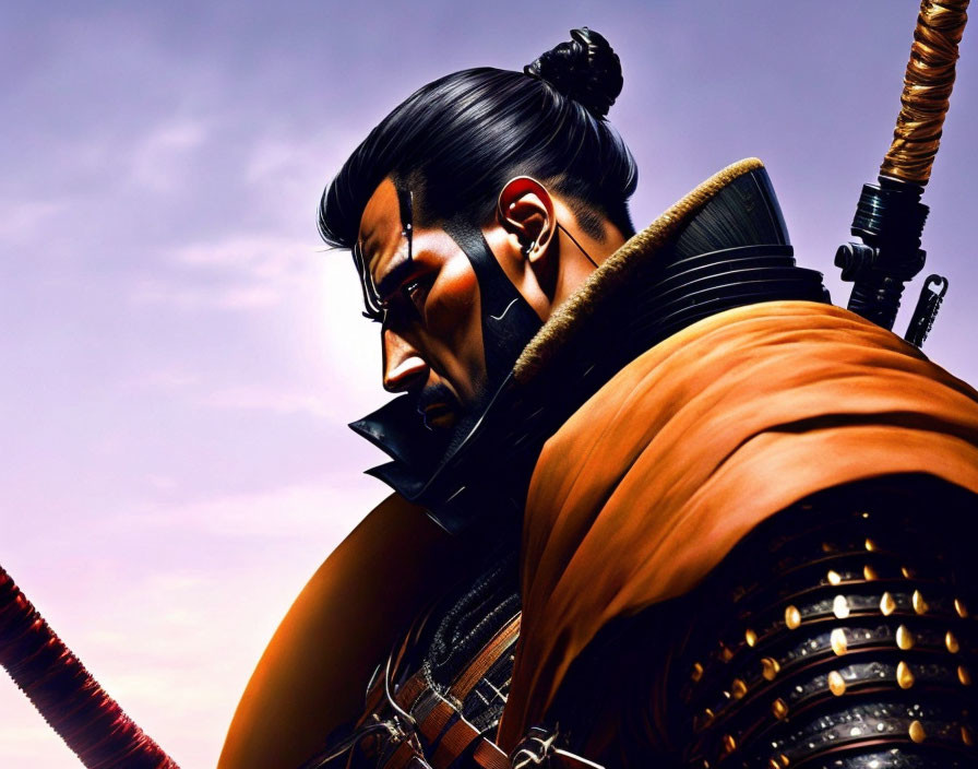 Samurai in traditional armor under dusk sky