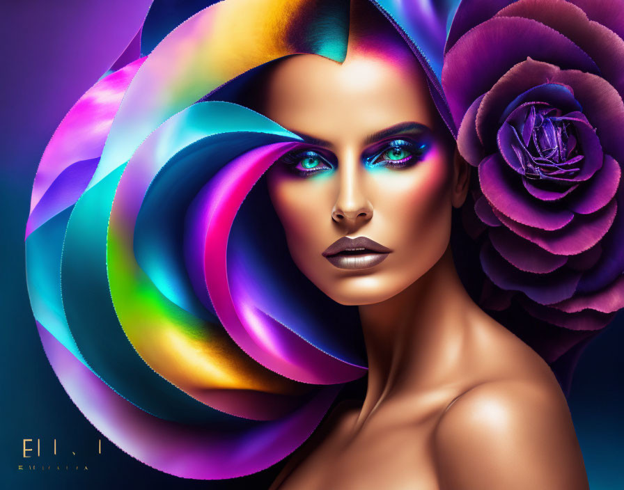 Colorful digital portrait of a woman with swirling patterns and purple rose.