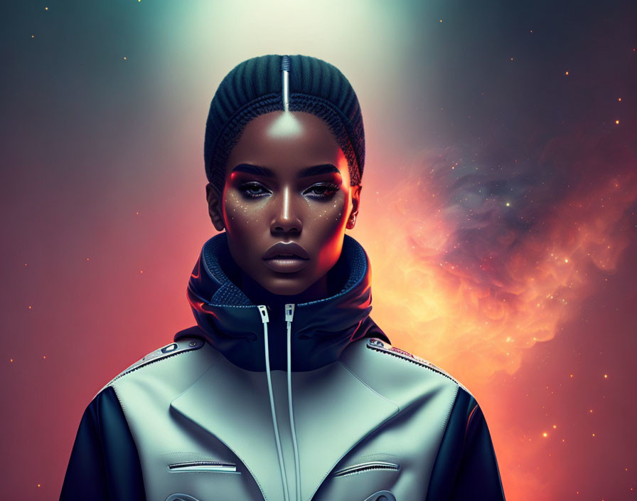 Digital Artwork: Woman in Futuristic Attire Against Fiery Nebula