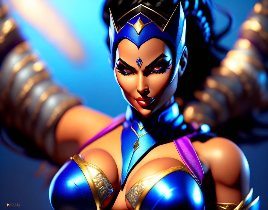 Female superhero with gold tiara and blue costume poses in 3D-rendered image