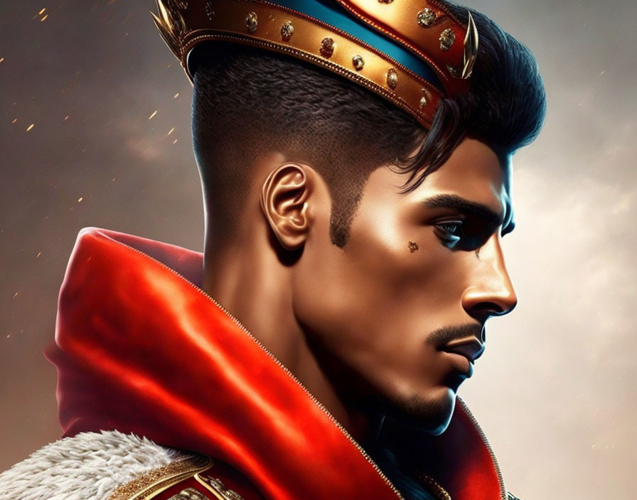 Regal man with crown in digital artwork against amber backdrop