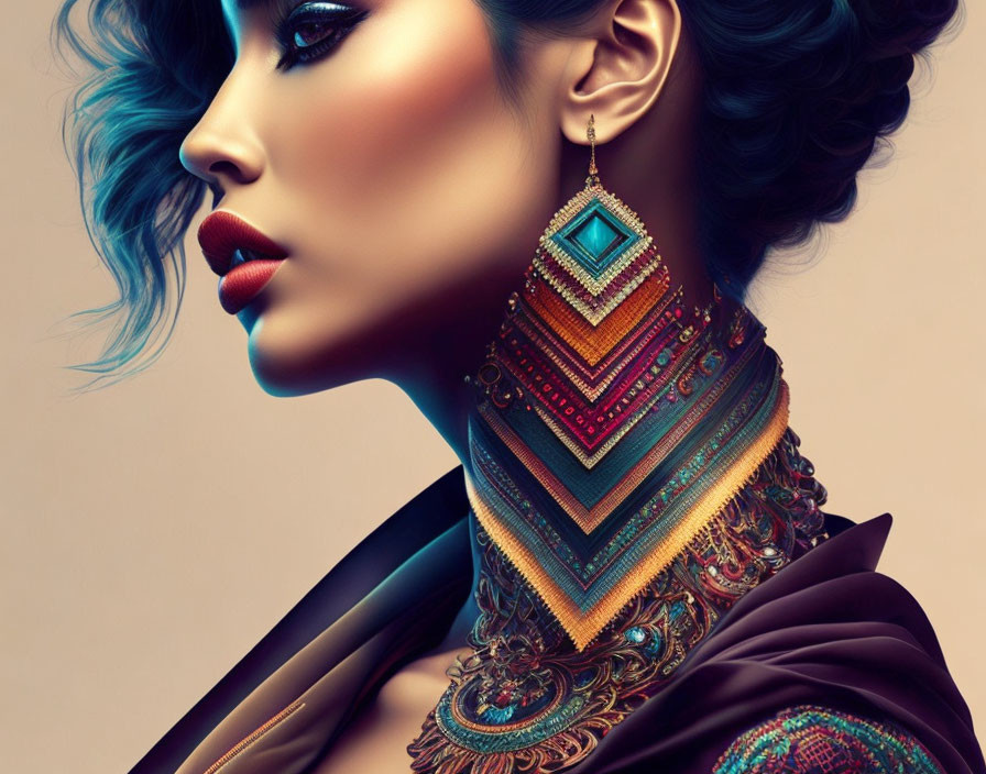 Vibrant blue hair and ornate jewelry in profile portrait