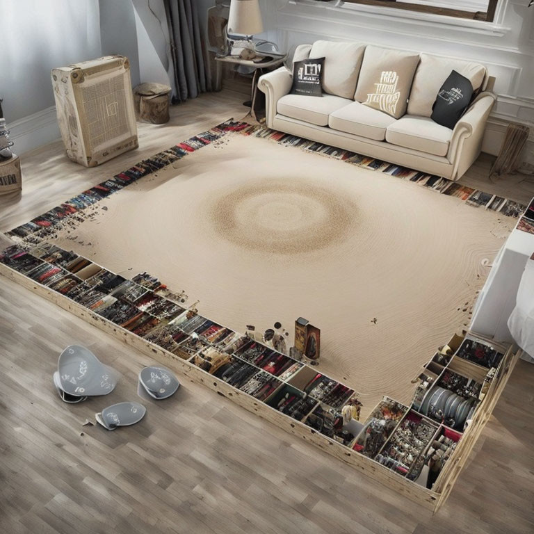 Unique 3D Illusion Vortex Rug in Living Room with Beige Sofa & Modern Art