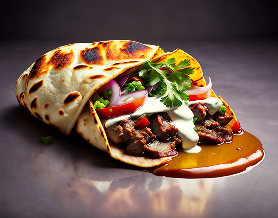 Grilled Meat Shawarma with Creamy Sauce and Fresh Vegetables on Toasted Flatbread