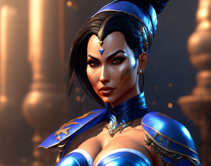 Female warrior in blue outfit with striking eyes on warm background