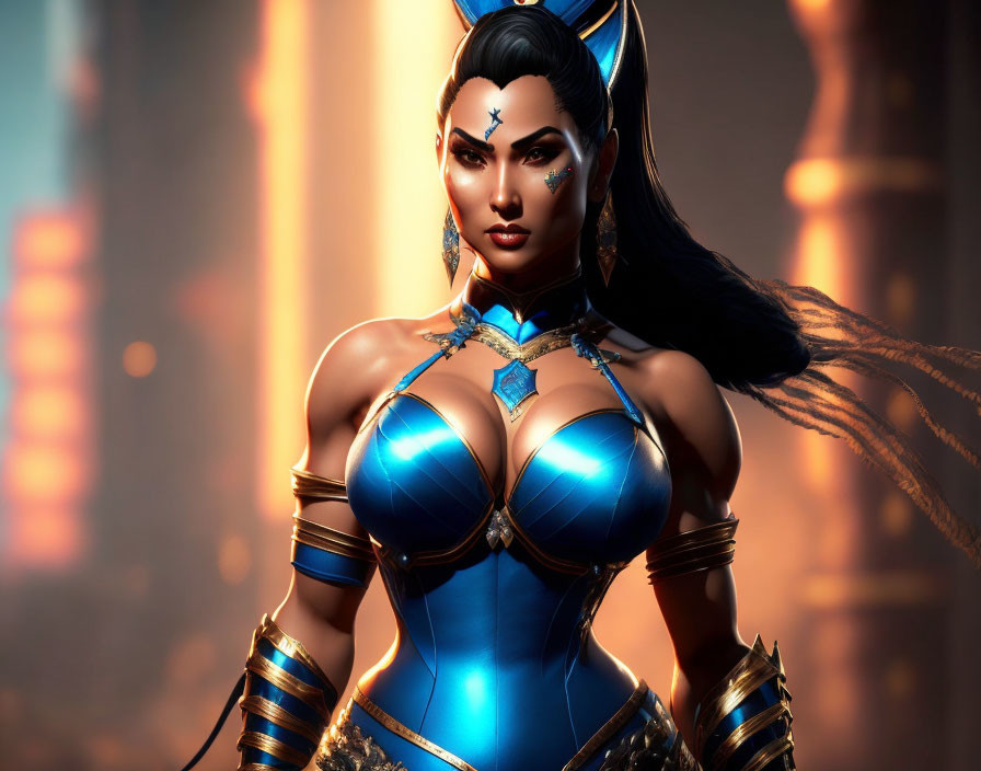 Warrior-inspired female character in blue costume on orange background