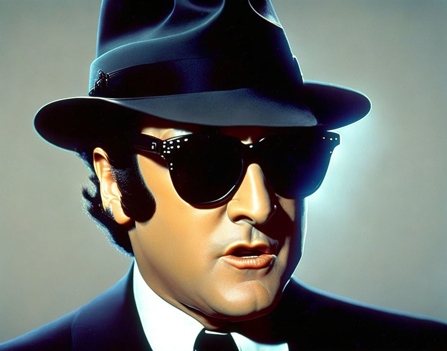 Stylized portrait of man in fedora, sunglasses, trench coat