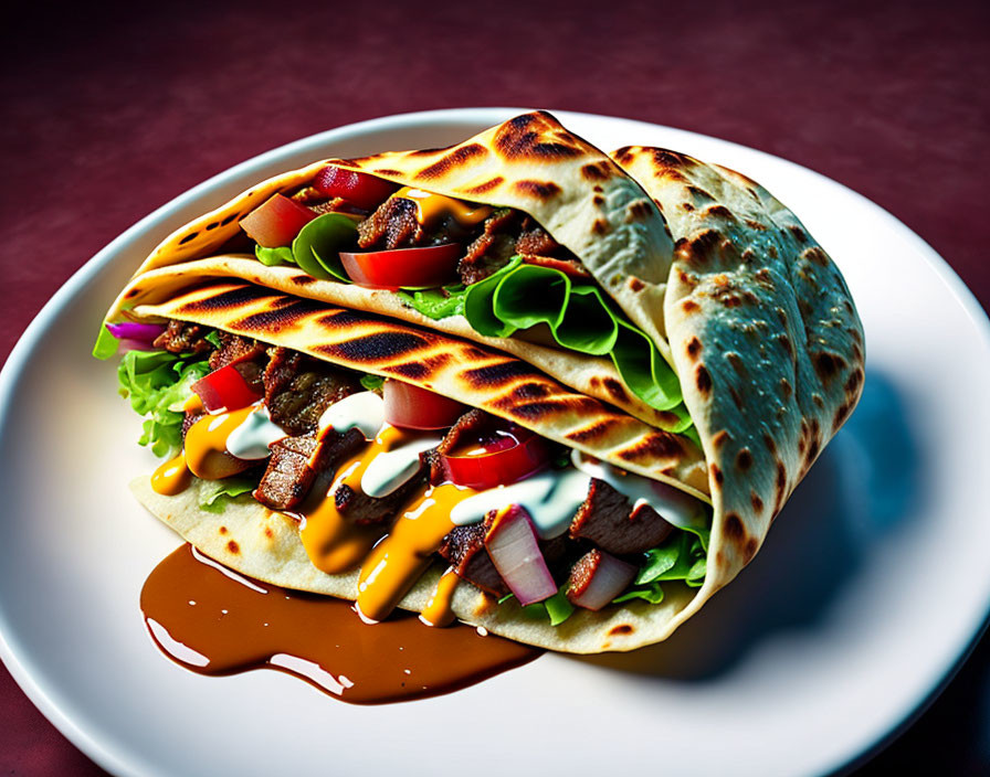 Savory beef wrap with lettuce, tomato, cheese, and sauces on white plate