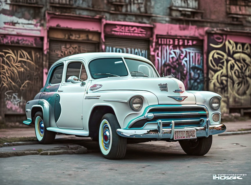 Classic white and green car parked against graffiti walls with chrome details.