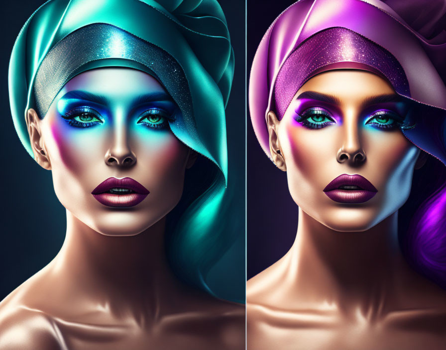 Vibrant makeup and shimmering headscarf portraits on dark background