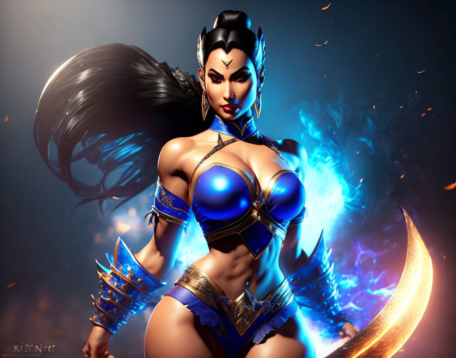 Stylized digital artwork of powerful female warrior with black hair and blue armor against fiery backdrop