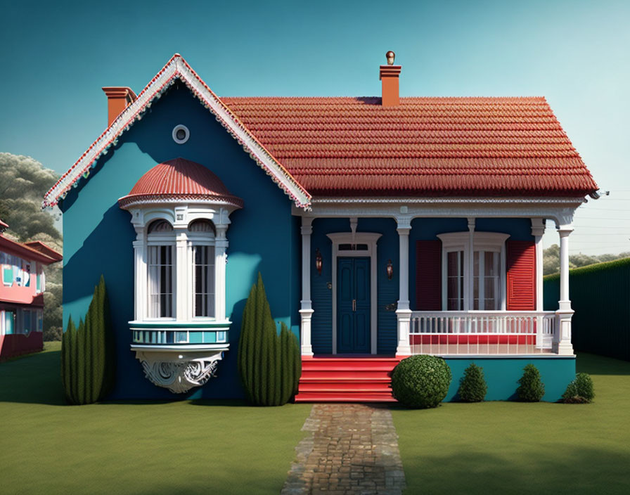 Blue house with red roof, white trimmings, balcony, stairs, and green lawn under blue