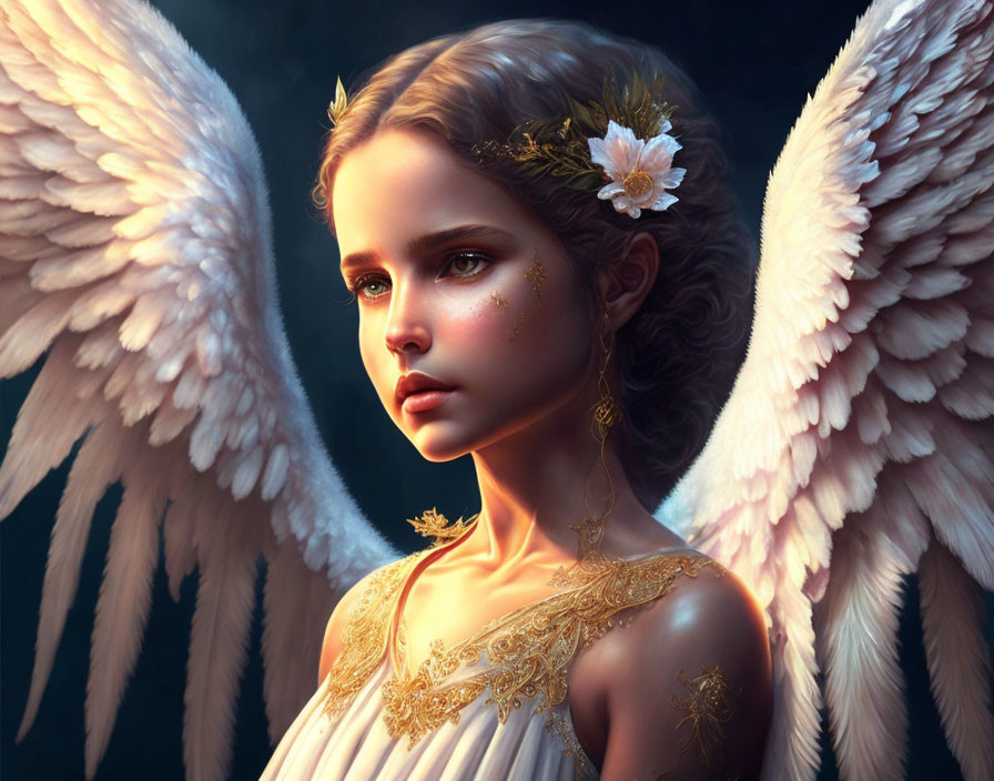 White-winged angel in golden-accented dress with flowers, pensive gaze on dark backdrop