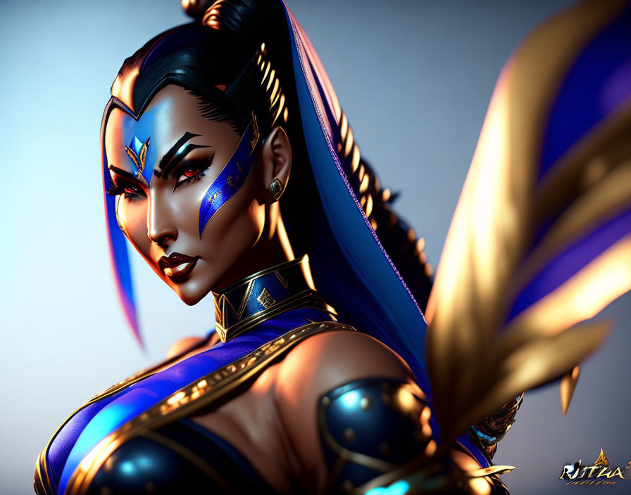 Warrior woman in blue face makeup and gold armor with feathered shoulders