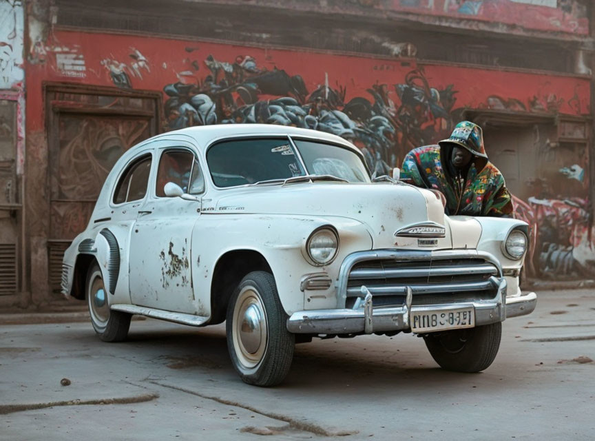 Person leaning on vintage white Chevrolet near graffiti wall displays history and street art mix