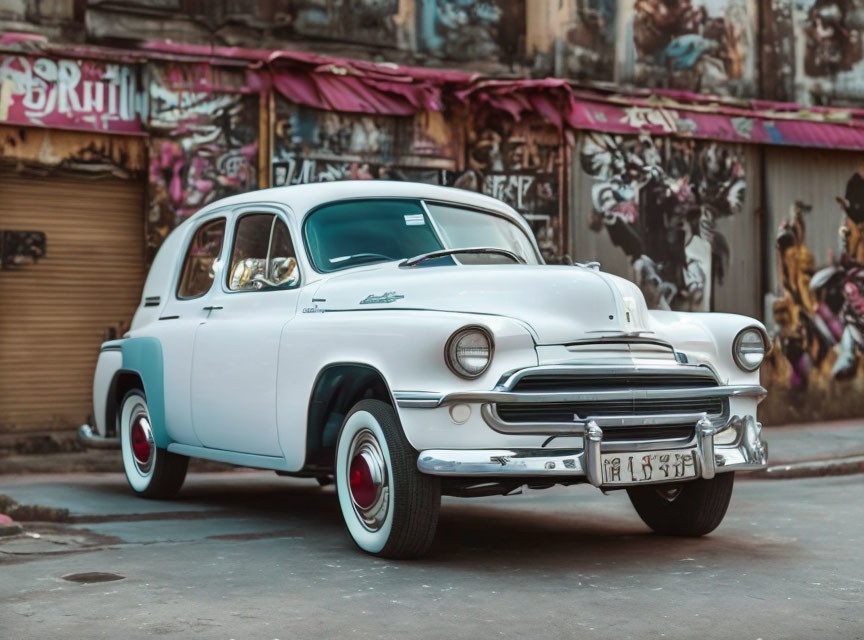 Classic White and Turquoise Car Against Graffiti Walls