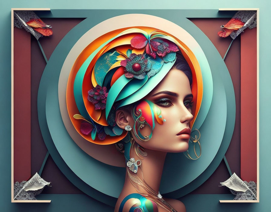 Colorful woman with floral hair and geometric shapes.