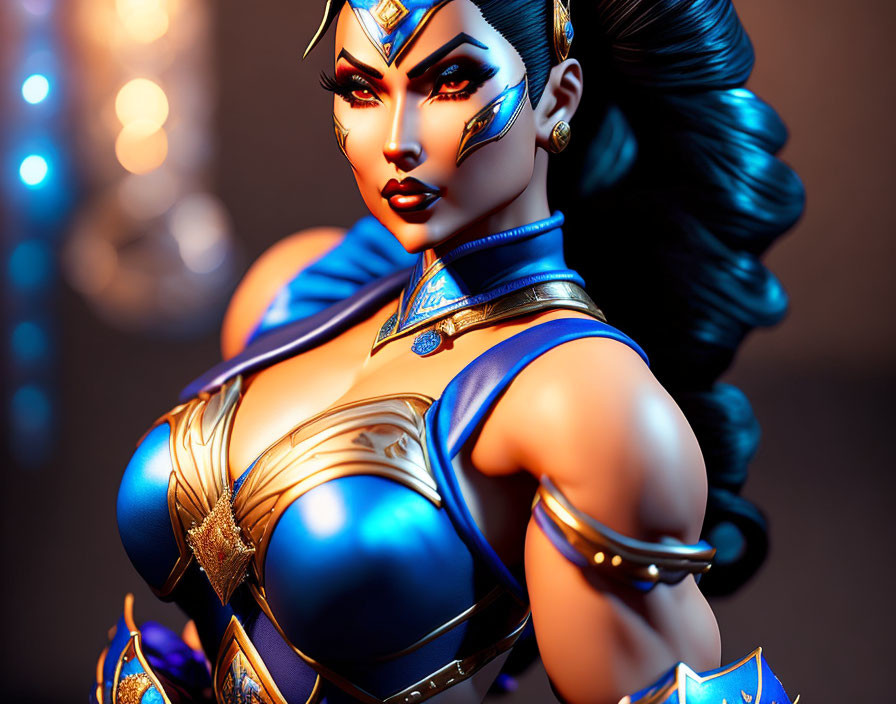 Stylized 3D illustration of female character in blue and gold costume